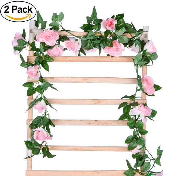 Amosfun 2pcs Artificial Rose Vine Flowers with Green Leaves Cloth Faux Flower Garland Fake Rose Vine Flower Arrangement Supplies for Birthday Wedding Party Decoration 